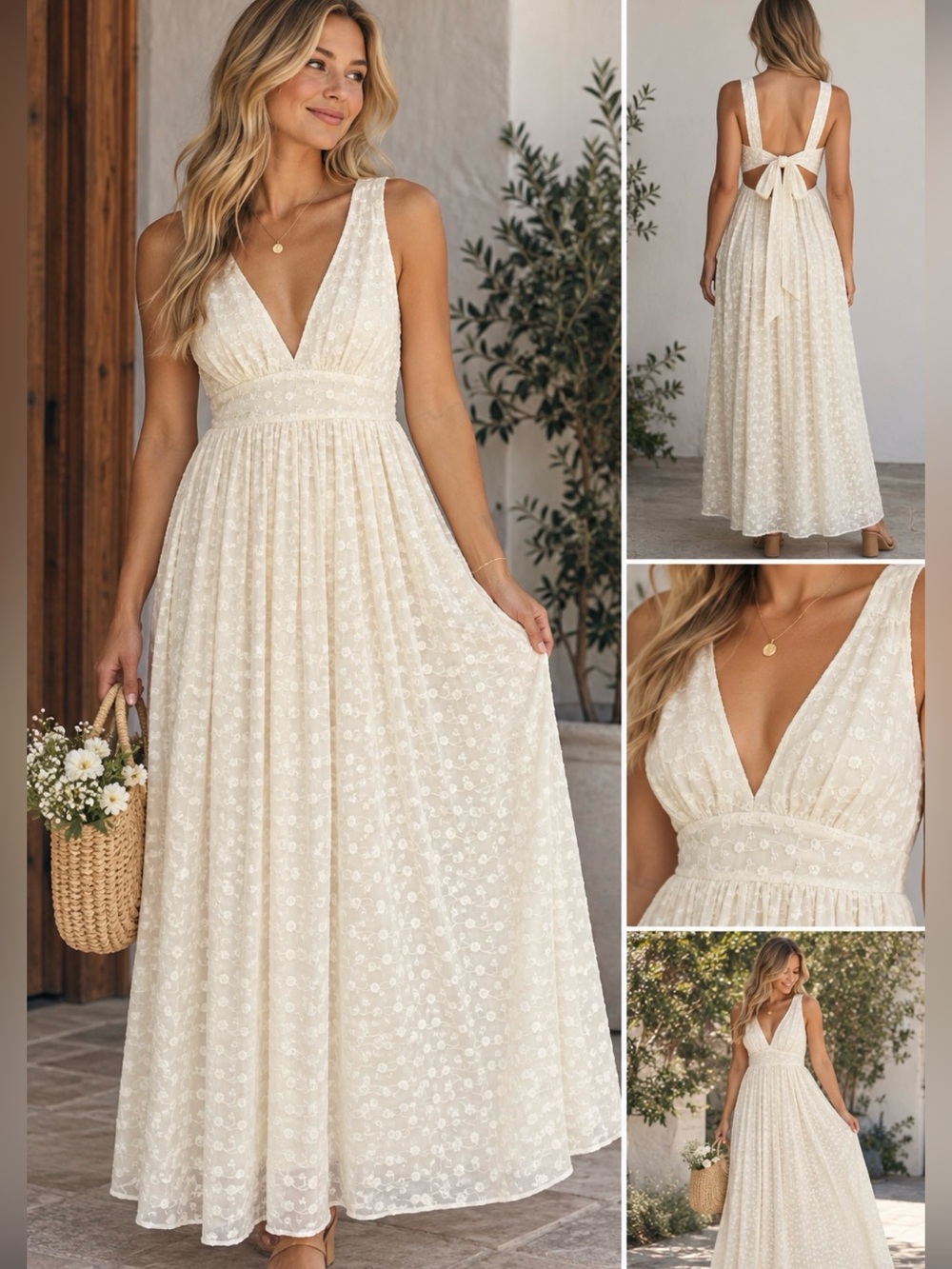 Baltic Born Ivory Embroidered Silhouette Floral flowy Tie Back Maxi Dress NWT XL